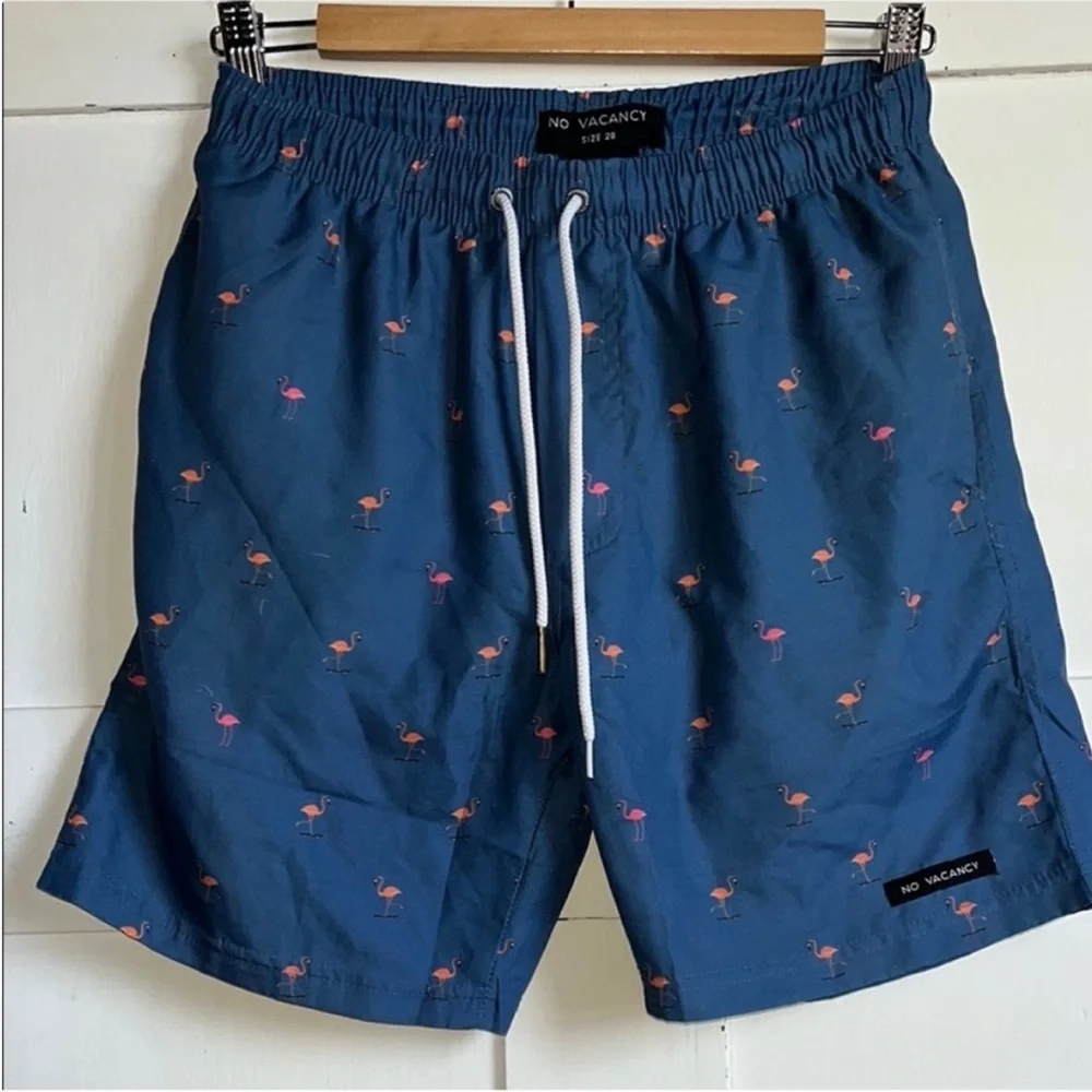 Tropical Sea Turtle Flamingo Print Swim Board Shorts Swimsuit Trunks Small S